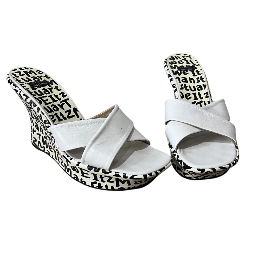 STUART WEITZMAN NEW BLACK & WHITE LEATHER GRAFFITI PRINT LOGO SANDAL WEDGE 9.5